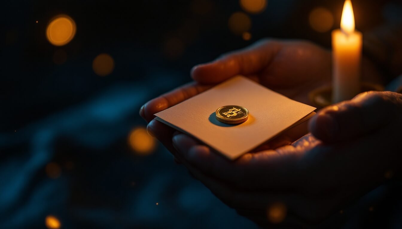 Manos sosteniendo una nota doblada con moneda dorada bajo luz de vela