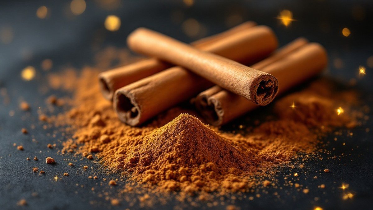 Canela en rama y en polvo con luz dorada sobre superficie oscura para ritual de abundancia y dinero