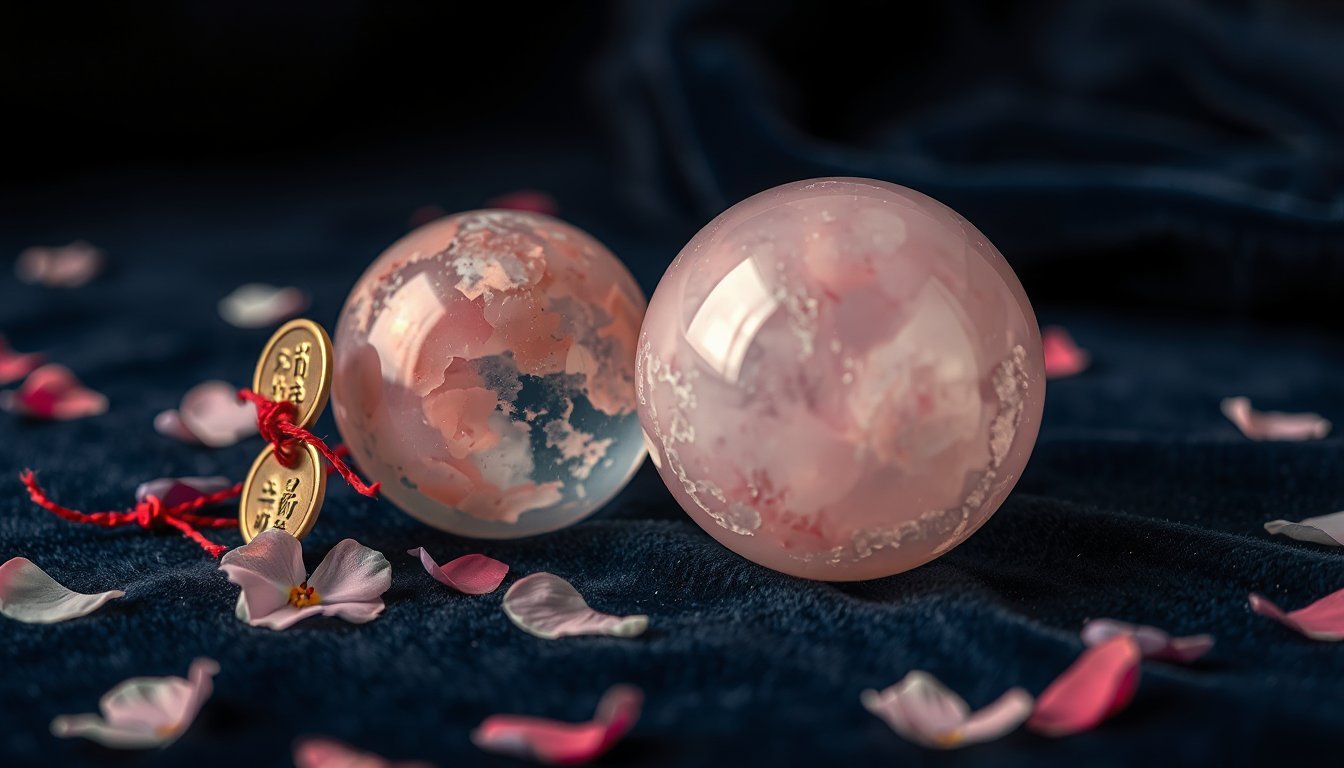 Esferas de cuarzo rosa con monedas chinas atadas con hilo rojo para activar la zona de relaciones del feng shui