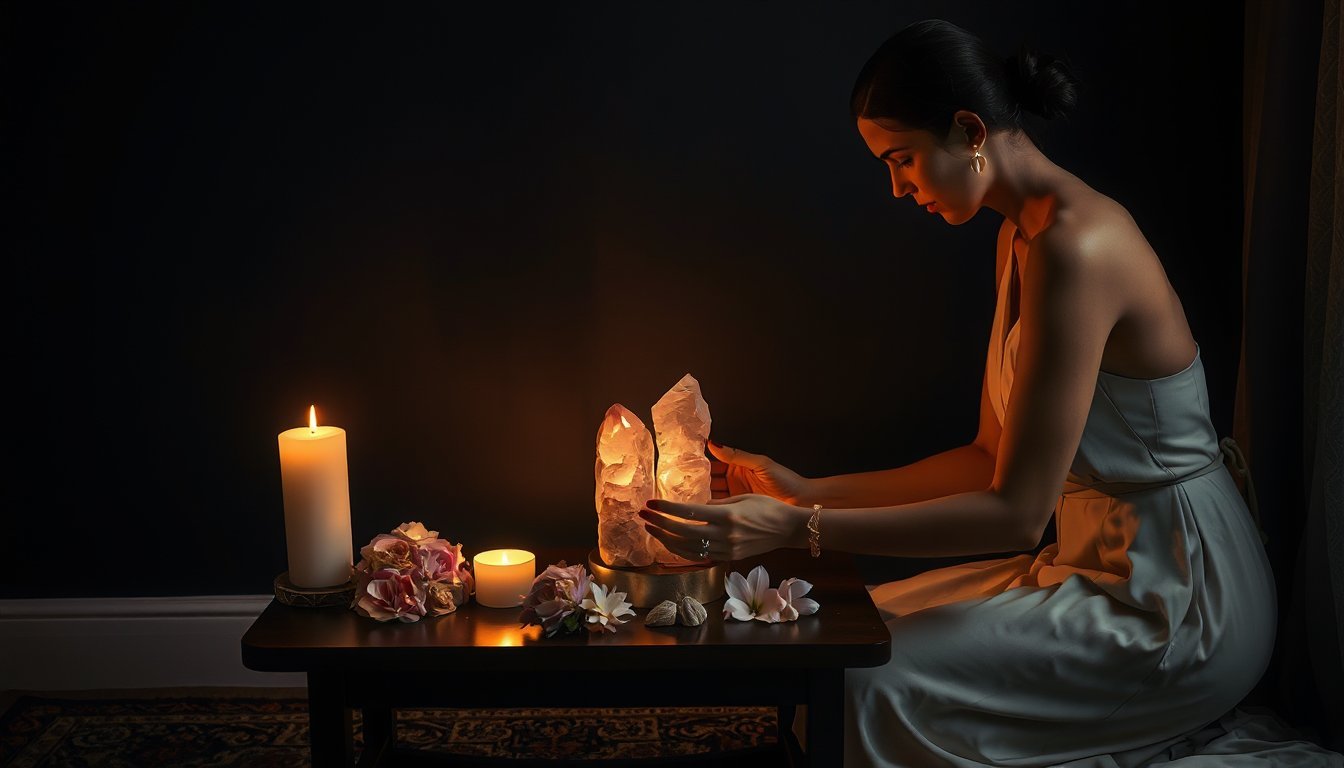 Mujer colocando dos cuarzos rosas con intención en un rincón iluminado con velas