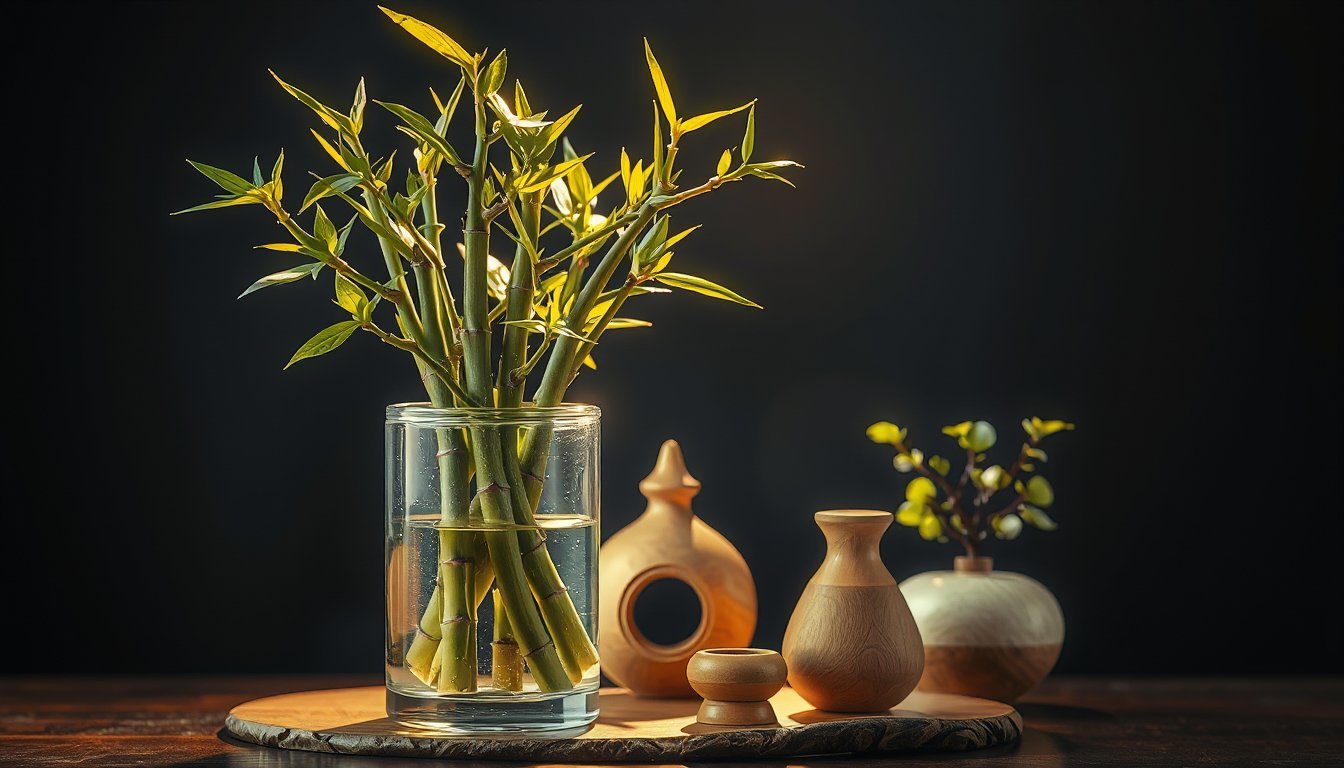 Bambú de la suerte en un jarrón de vidrio y planta de jade para la zona de familia del feng shui