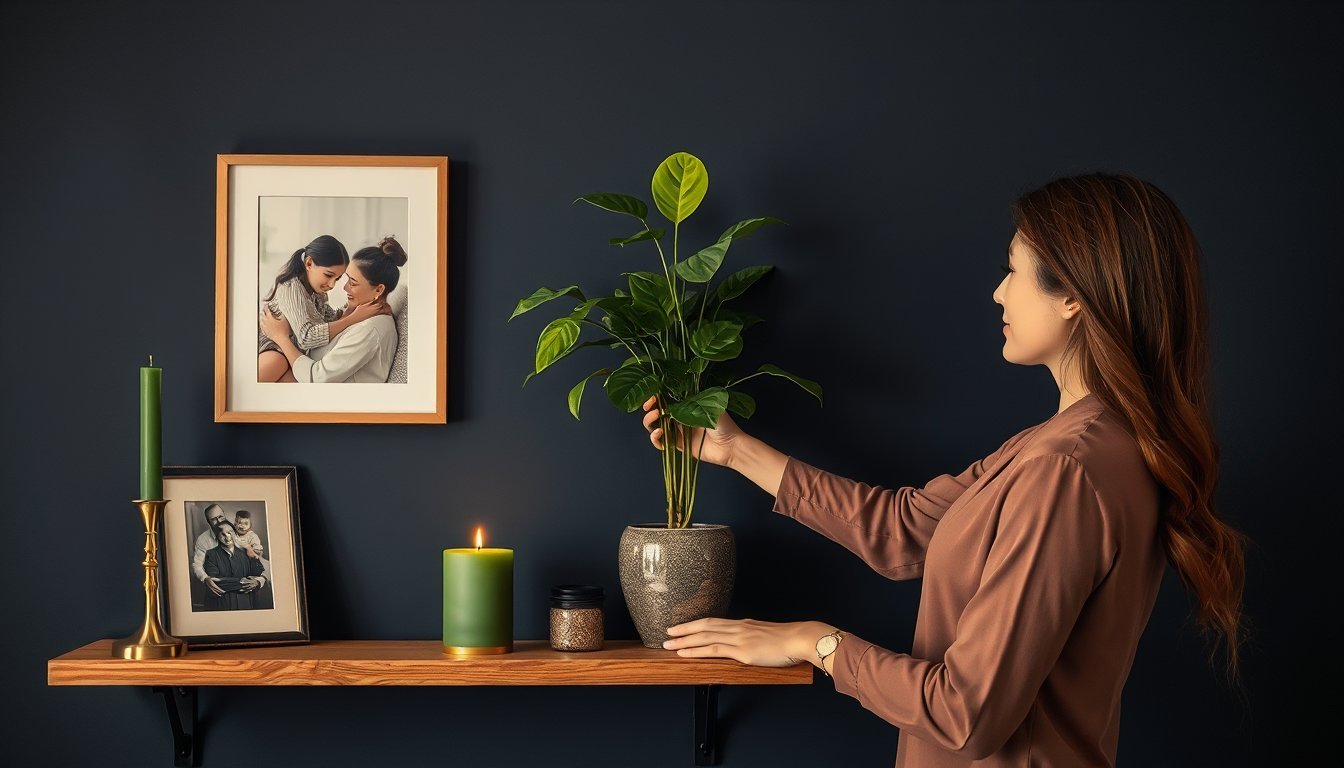 Mujer colocando una planta en la pared este junto a una foto familiar para activar la zona de familia