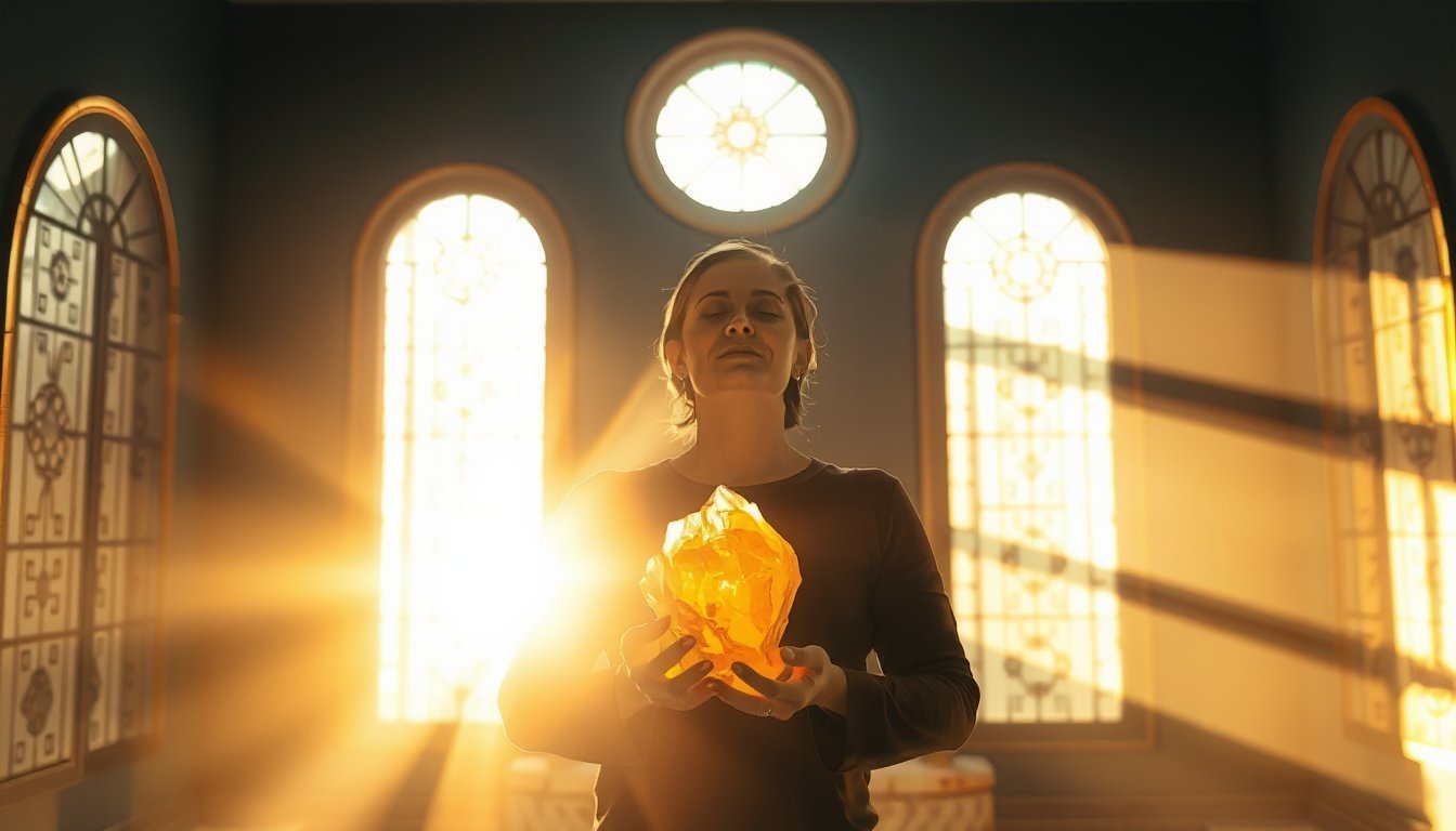 Mujer sosteniendo un citrino en el centro de una sala iluminada por el sol