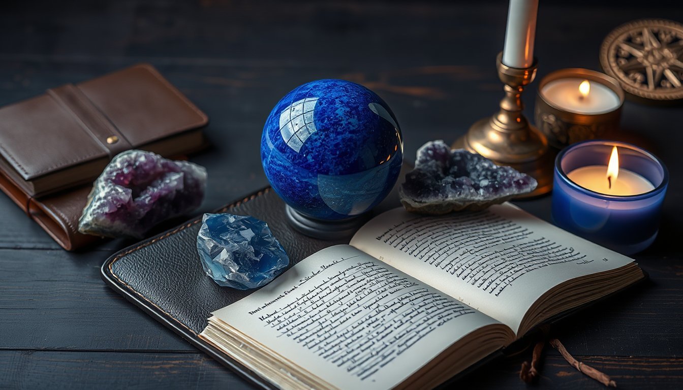 Esfera de lapislázuli y amatista junto a un diario abierto para la zona de conocimiento del feng shui