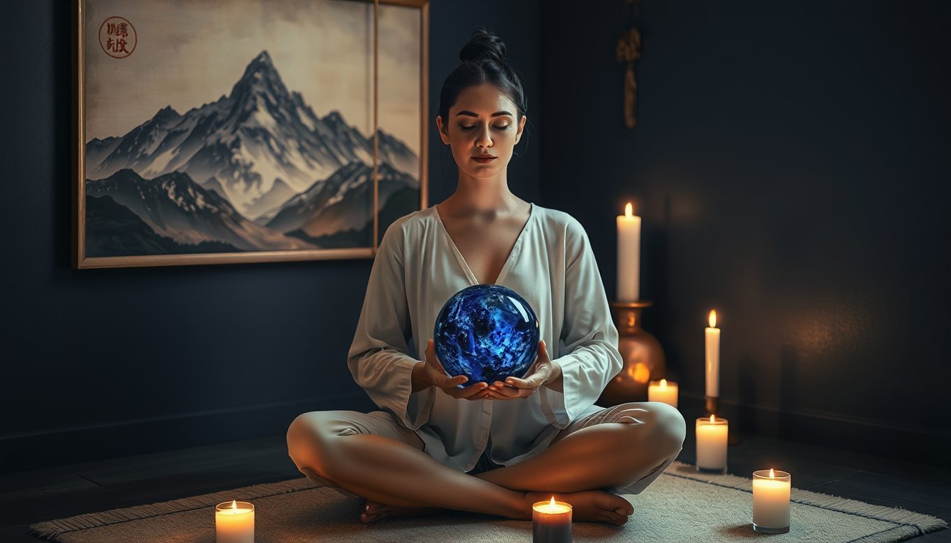 Mujer meditando con una esfera de lapislázuli frente a una pintura de montaña