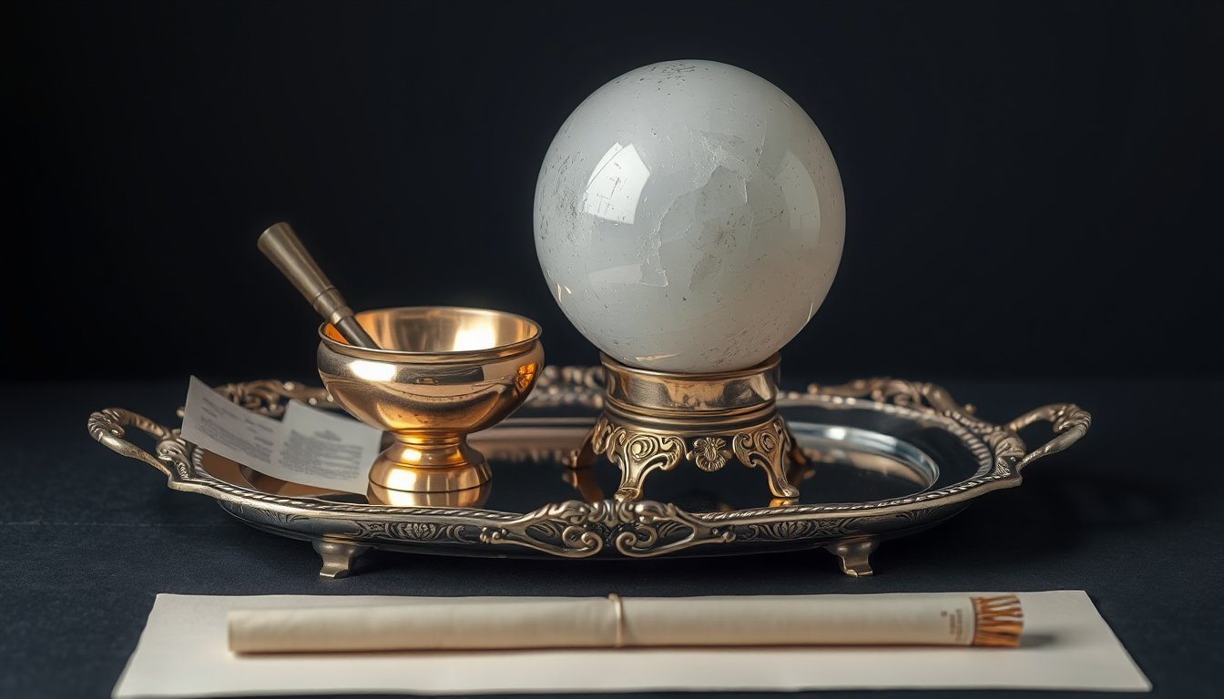 Esfera de cuarzo blanco y cuenco de metal sobre bandeja de plata para la zona de personas útiles