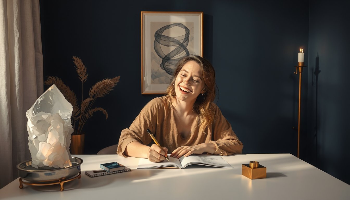 Mujer escribiendo feliz en un rincón creativo blanco junto a un cristal de selenita